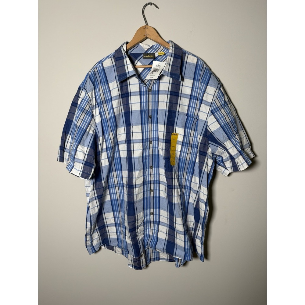 Cabelas Mens Shirt 3XL NWT Blue Plaid Short Sleeve Button Down Up Cotton